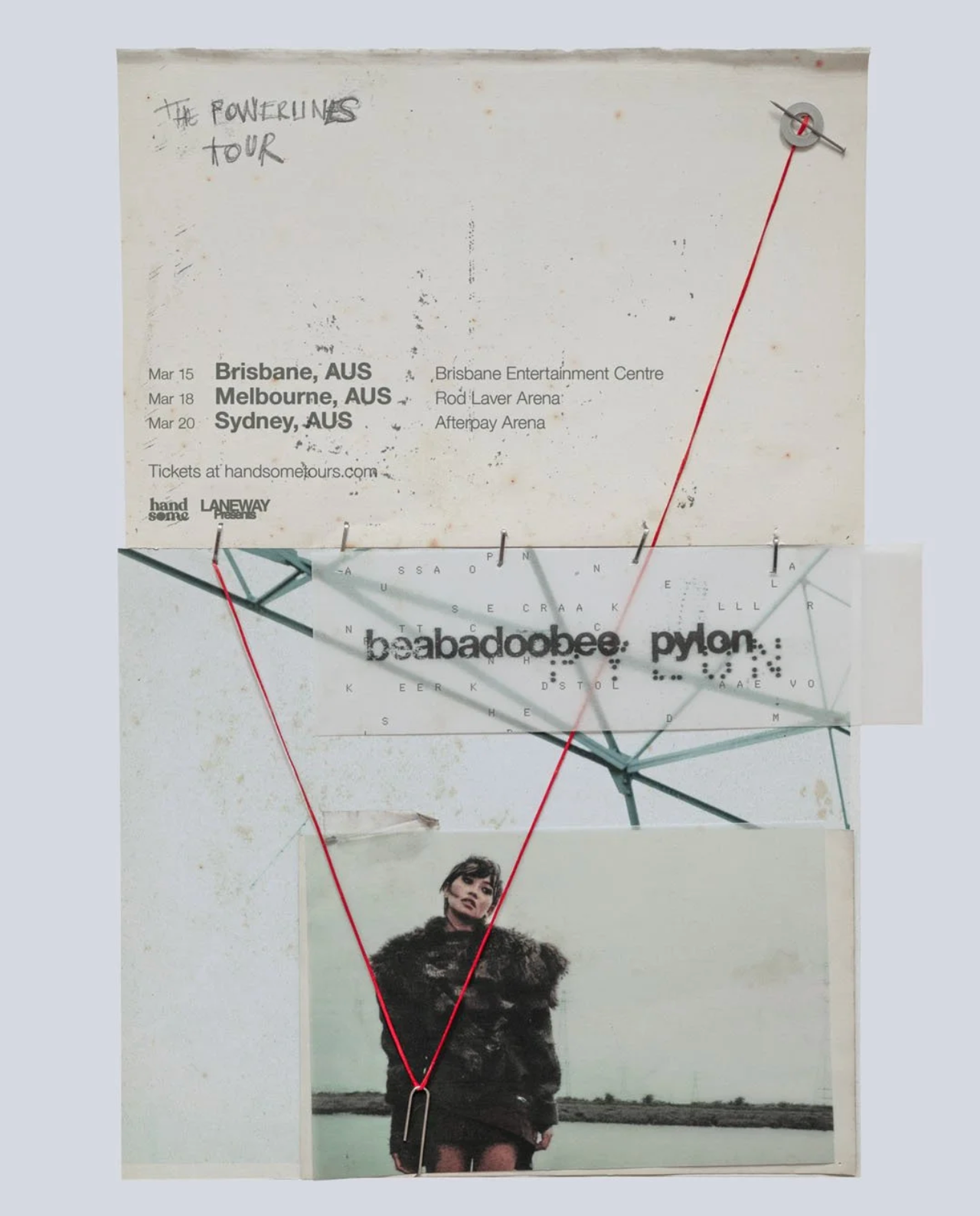 Official Australian tour poster for beabadoobee’s The Powerlines Tour, featuring concert dates, red string accents, and a photo of the artist.